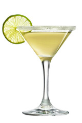 Alcoholic margarita cocktail featuring a lime slice on the rim, set against a white background. Isolated. Alcoholic cocktail.