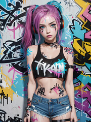 Obraz na płótnie Canvas Gorgeous young girl in urban city style art with graffiti