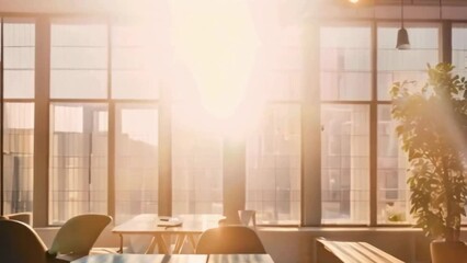 sunlight filters through the window of a coworking space through modern architecture, illuminating the collaborative environment