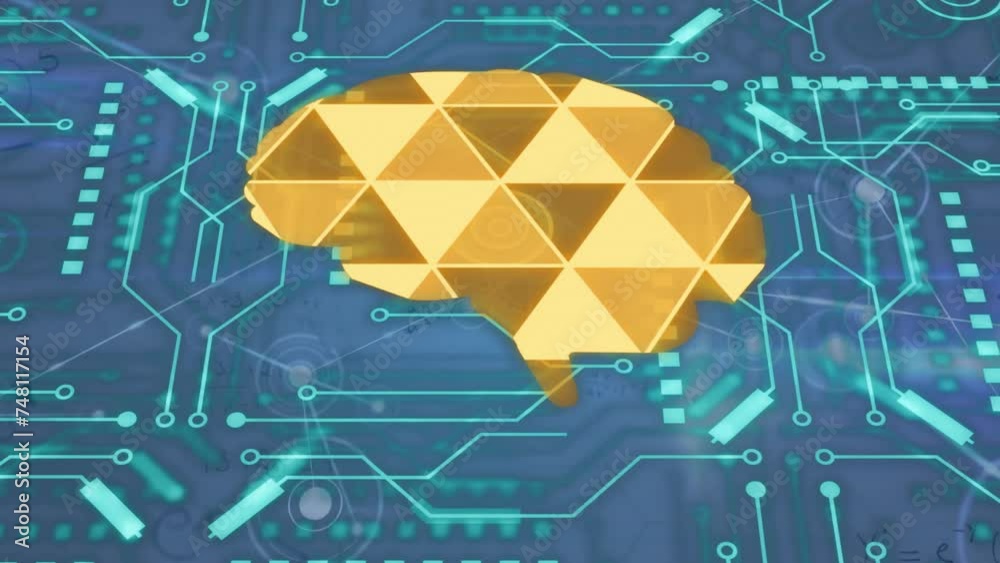 Wall mural animation of human brain, circuit board and data processing