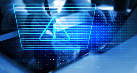 System hack warning alert. Cyber ​​attack on computer network. Cyber security and cybercrime. 