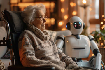 Elderly woman sitting in a wheelchair and robot caregiver at home, caregiver concept - obrazy, fototapety, plakaty