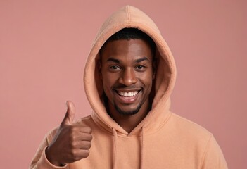 A joyous man in an orange hoodie giving a thumbs up with a warm smile. Pink background.