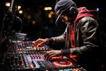A close-up shot of a DJ's hands in action, manipulating a mixer and turntables, with colorful...