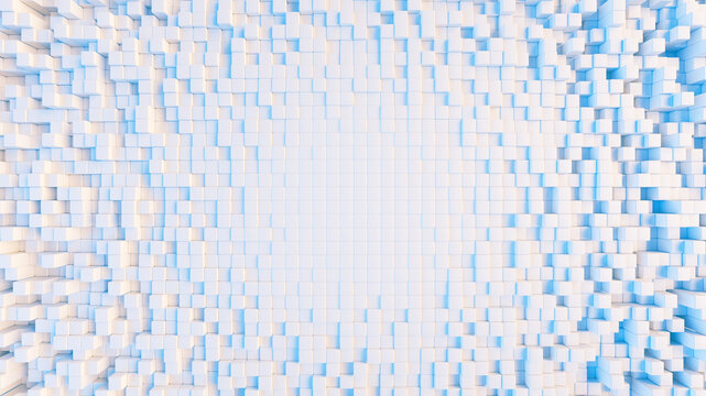  Wall of cubes, squares background template wallpaper pattern with different levels and depth smooth place for logo or product design. Backdrop for studio photos. White blue color mosaic perspective