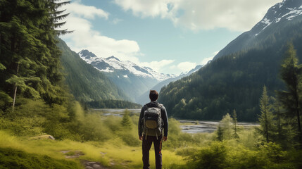 a lone hiker embarks on a solo trek through pristine wilderness to celebrate Earth Day in communion with nature. Along the way, they encounter breathtaking landscapes, environmental conservation - obrazy, fototapety, plakaty