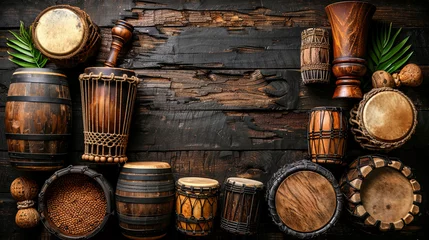Fotobehang Percussion instruments, such as maracas, rattles and tambourin, are used to add rhythmic element © JVLMediaUHD