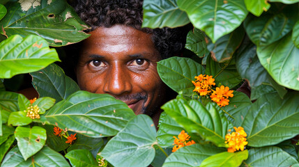 Portrait of a farmer on a field taking care of plants and anim - obrazy, fototapety, plakaty