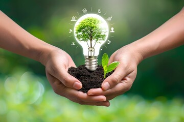The concept of sustainable energy and environmental care is depicted by hands cradling soil and a light bulb alongside growing trees.