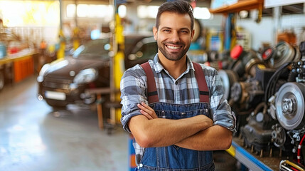 Portrait of a mechanic in a car repair shop engaged in the repair and maintenance of car