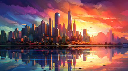 city skyline at sunset Cityscape with Colorful Buildings