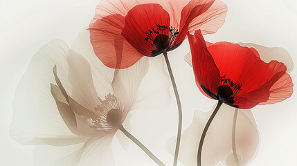 Artistic Translucent Ethereal Image of Delicate Poppies in Soft Red Tones 