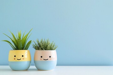 Adorable potted plant kawaii figures showcasing different expressions on a pastel backdrop with text space - obrazy, fototapety, plakaty