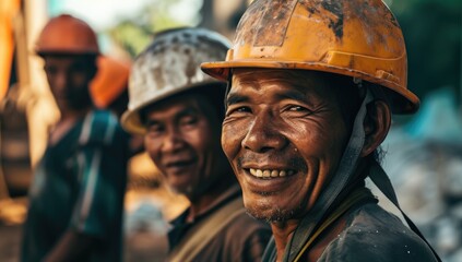 Constructing the Future: Happy and Hardworking Philippine Workers in Helmets, Emphasizing Safety and Unity on a Construction Site.