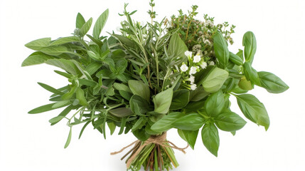 A bouquet of fresh herbs including fragrant basil and earthy thyme tied together with twine for an extra touch of rustic charm.