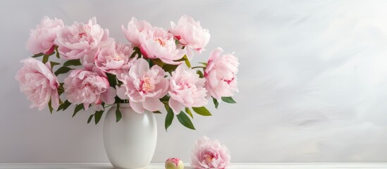 A white vase is filled with delicate pink peonies, standing on top of a wooden table against a white wall.