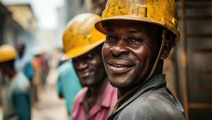 Safety First, Smiles Always: African Construction Workers Don Helmets with Bright Smiles, Infusing Joy into the Work Environment. - obrazy, fototapety, plakaty