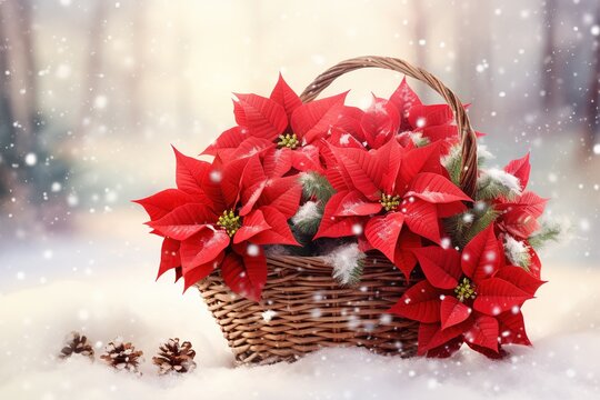 Basket with red poinsettia flowers on snowy nature blurred background
