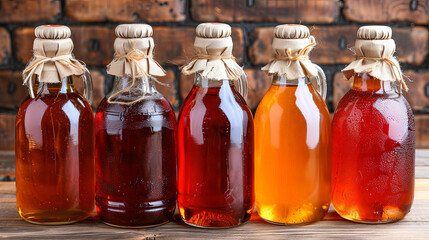 Shelf with various types of honey, organic sparse and syrups that add taste and sweetness to dis