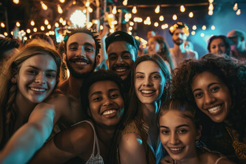 group of happy young people in front of music stage at night festival or concert