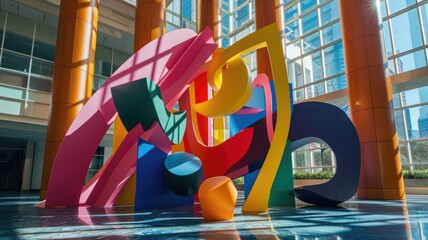 An abstract, colorful sculpture stands boldly in a sunlit atrium, with towering columns and...