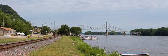 The temporarily closed the Black Hawk Bridge, Mississippi River, joining Lansing IA, to WI.  View from the South, is a riveted cantilever truss bridge. The Iowa DOT is planning a replacement bridge.