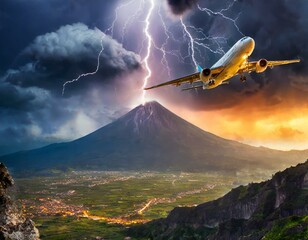 Airplane flying in a stormy sky with hurricanes and lightning, turbulent travel and climate change concept - obrazy, fototapety, plakaty