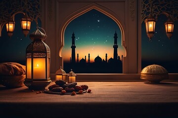 Ramadan Kareem background with arabic lanterns and dates