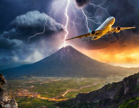 Airplane flying in a stormy sky with hurricanes and lightning, turbulent travel and climate change concept