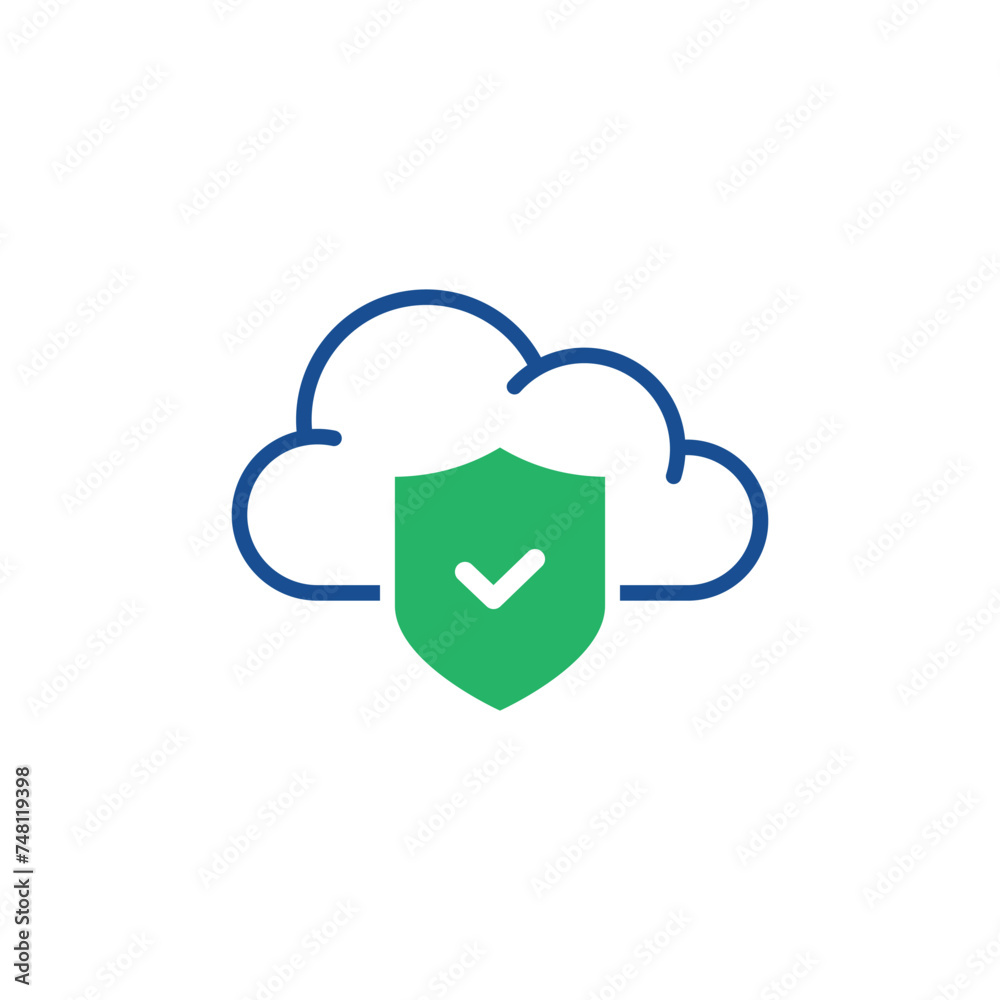 Poster data secure icon like thin line cloud with shield. flat outline trend modern database support logoty