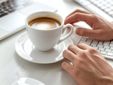 Businessman_s hands working with keyboard and mouse with a cup of coffee 