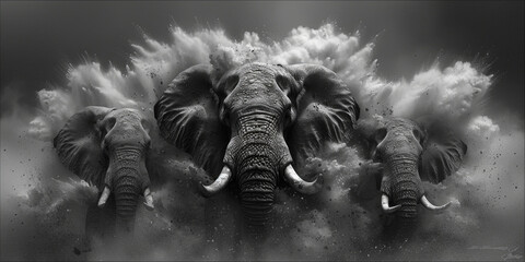 The elephant family, passing through the savannah, raising clouds of dust and creating a majestic - obrazy, fototapety, plakaty