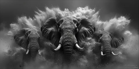 Foto op Plexiglas The elephant family, passing through the savannah, raising clouds of dust and creating a majestic © JVLMediaUHD