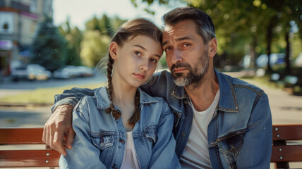 Family portrait father and teenage daughter on park bench, family protection concept and Father's Day poster