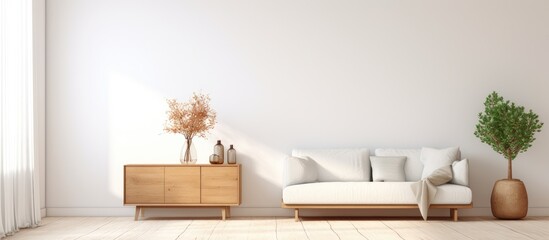A white couch sits in a minimalist living room, accompanied by a potted plant. The room features a dresser on a wooden floor and decor on a large wall,
