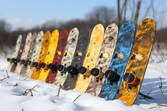 An image featuring a row of snowboards standing in the snow.