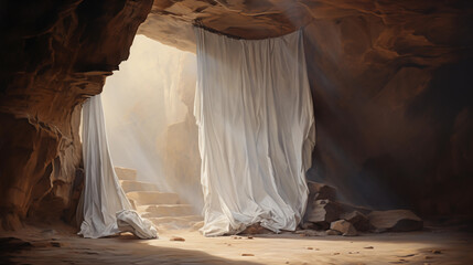 rests a bloodstained white shroud. As Easter dawns, the cave becomes a focal point of intrigue and wonder. What role does this shroud play in the miraculous events of Jesus' resurrection