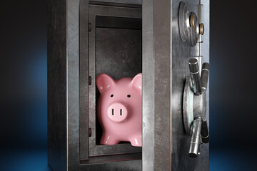 Pink piggy bank in a silver metallic vault safe having a handle wheel on dark background. Illustration of the concept of  protection for savings account and financial security