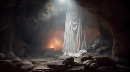 rests a bloodstained white shroud. As Easter dawns, the cave becomes a focal point of intrigue and wonder. What role does this shroud play in the miraculous events of Jesus' resurrection - obrazy, fototapety, plakaty