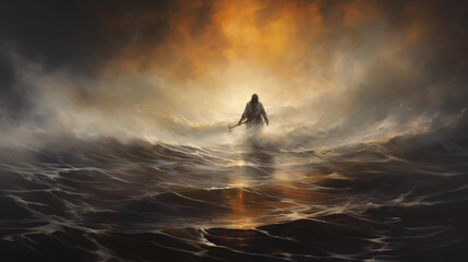 Jesus walking on water towards them, his presence a beacon of hope amidst the stormy sea. Explore the interplay of faith, fear, wonder as the disciples grapple with reality of Jesus's divine power. - obrazy, fototapety, plakaty