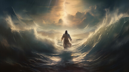 Jesus walking on water towards them, his presence a beacon of hope amidst the stormy sea. Explore the interplay of faith, fear, wonder as the disciples grapple with reality of Jesus's divine power. - obrazy, fototapety, plakaty