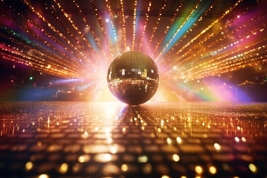 Dive into the Disco Fever: Disco Ball, Vibrant Lights and Colors Illuminate the 1970s Dance Floor, Creating an Energetic Atmosphere of Nostalgic Celebration. Copy Space.