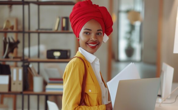 African American businesswoman with a red turban working at an office desk multitasking with a laptop documents and a phone call - Powered by Adobe