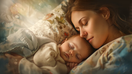 Mother with newborn baby sleeping in bed