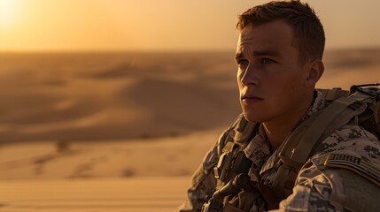 Serene soldier gazing into sunset in the desert. calm military portrait. natural light, contemplative mood. for stock photo use. AI
