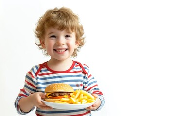 Snack Time: A Cheerful Toddler Holds a Plate of Burgers and Chips, Brimming with Excitement and Happiness Against a White Studio Background. Copy Space.