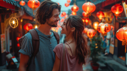 A young couple exploring a vibrant, bustling marketplace in a foreign city