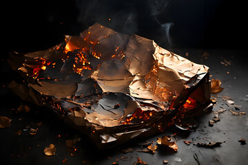Burning paper in ashtray on dark background, closeup