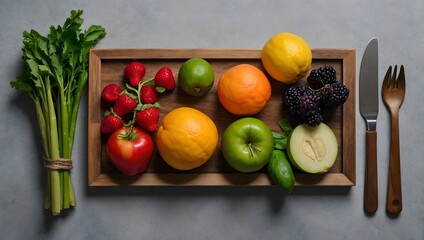 Wooden cutlery alongside fresh fruits and vegetables