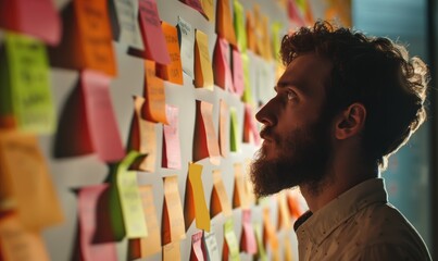 A thoughtful male IT specialist looking at adhesive notes on a wall - obrazy, fototapety, plakaty